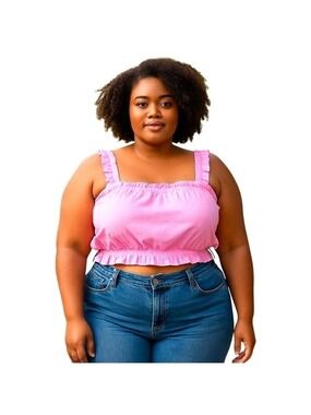 BP Gathered Linen Crop Tank Top Ruffled Square Neck 1X